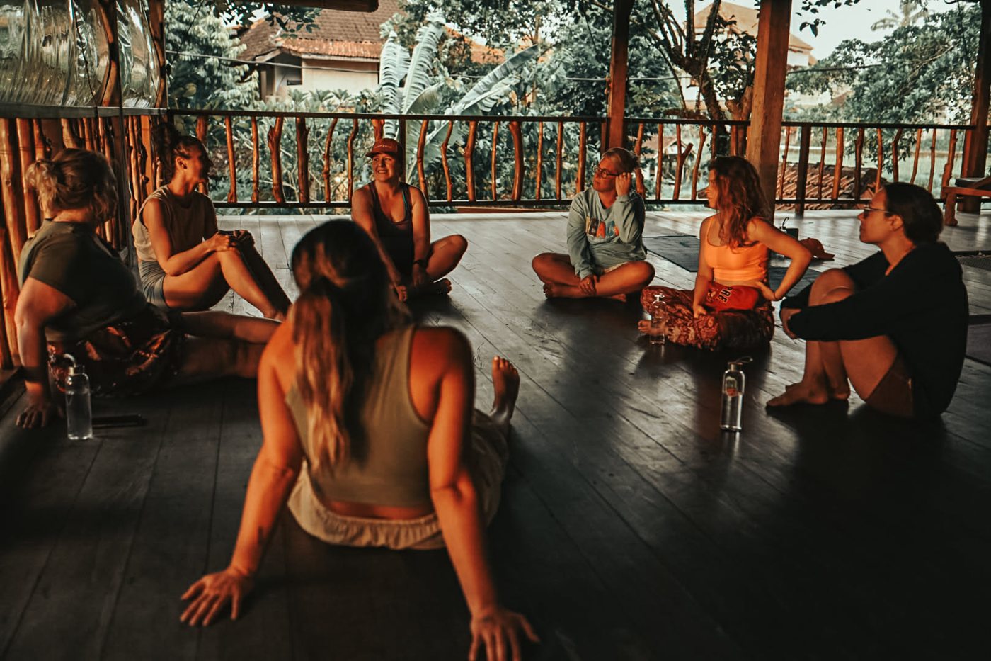 Yoga community on an open-air deck